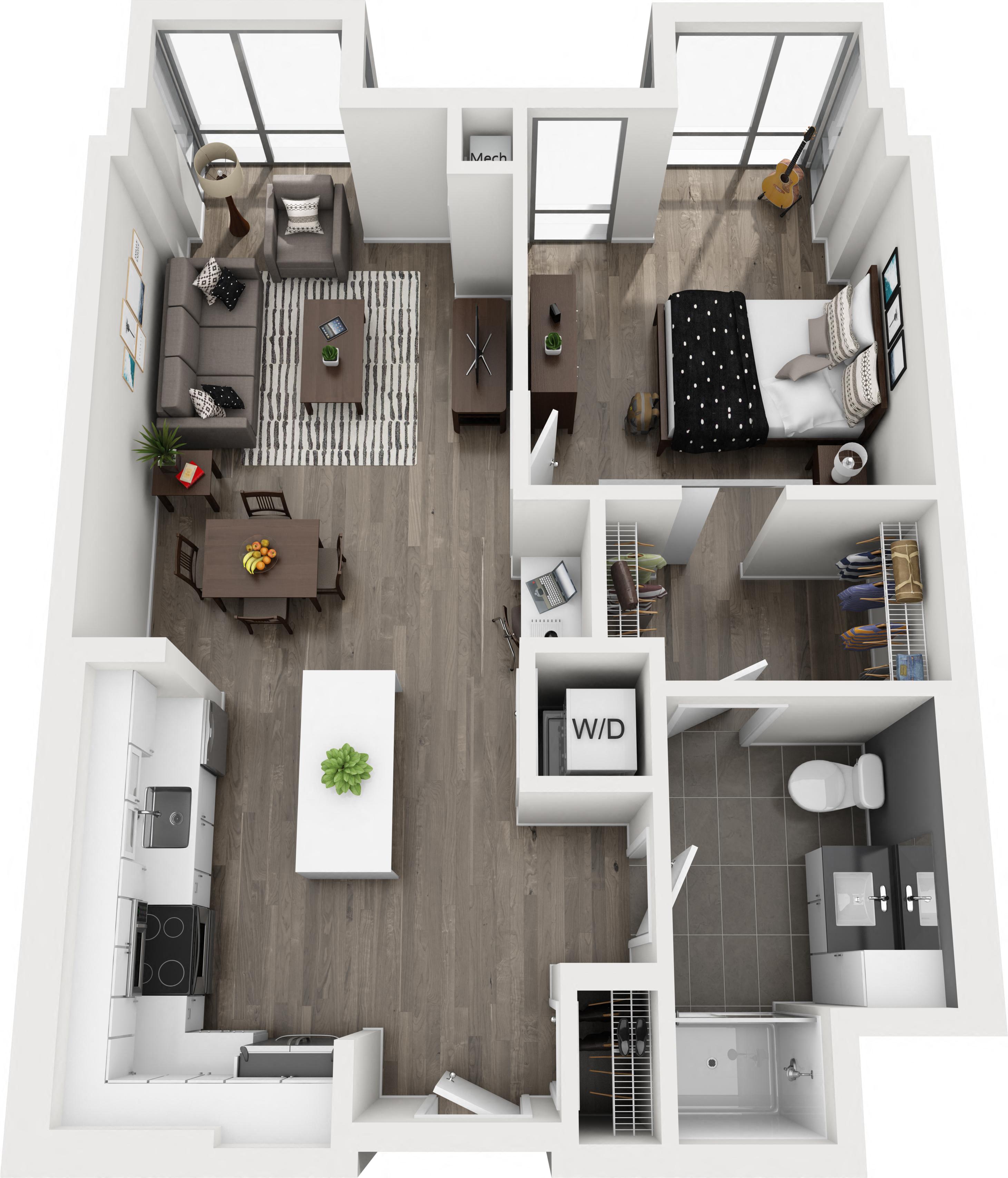 Floor plan for 1 bed, 1 bath, 739 sqft